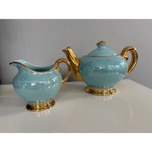 ACME Craftware Iridescent 22K Gold Lusterware Blue Turquois Teapot & Creamer